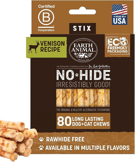 Earth Animal No-Hide Stix Venison Recipe Natural Rawhide Alternative Dog & Cat Chews - 80 Count Extra Value Pack