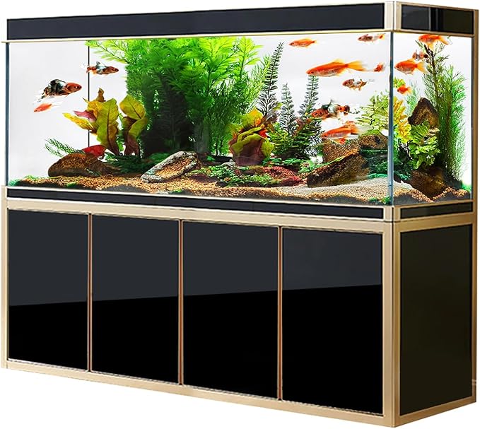Premium Aquarium | 220 Gallon Tempered Transparent Glass with LED Light, Complete Fish Tank, Black with Gold Trim