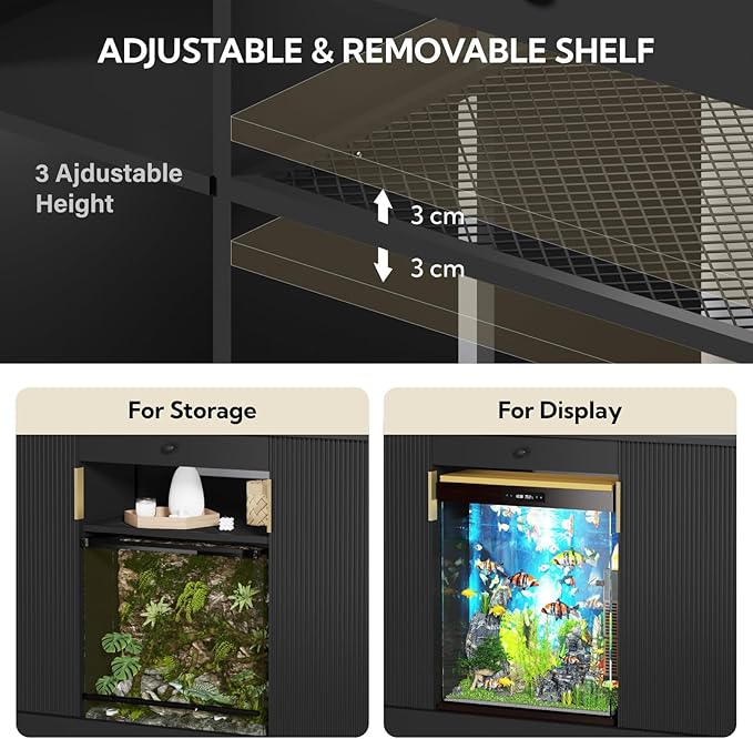 120 Gallon Reptile Tank Stand, Heavy Duty Large Aquarium Stand with Pull-Out Drawer and Double Door Cabinets, Reptile Terrarium Table for Turtle Tanks, Fish Tank Accessories Storage, Black