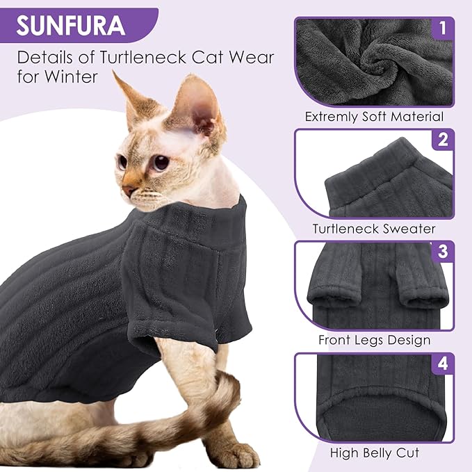 SUNFURA Sweaters for Cats, Hairless Sphynx Sweater Kitten Pullover with Sleeves, Warm and Soft Cat Pajamas Fleece Sweatshirt Jumpsuit, Turtleneck Clothes for Fall Winter, Grey L