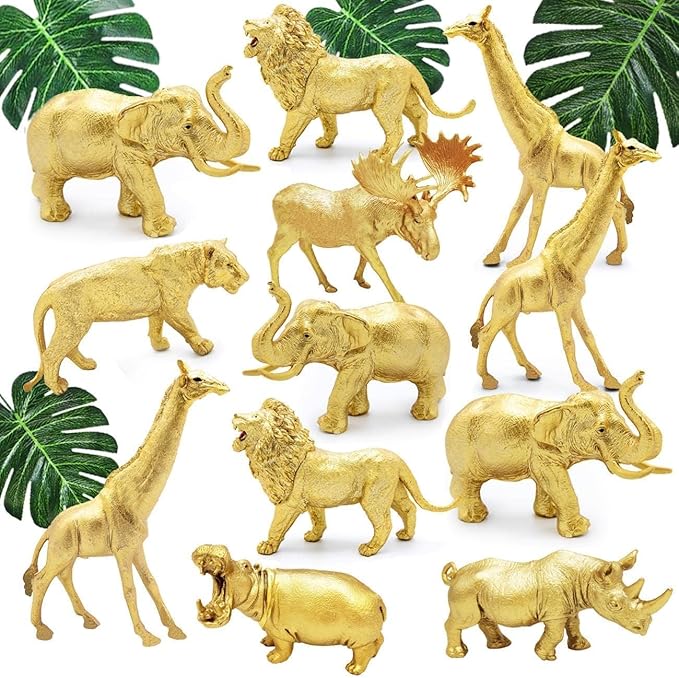 Metallic Gold Plastic Animal Figurines Toys, 12PCS Golden Safari Zoo Animal Figures, Jungle Wild Animals with Elephant, Lion, Giraffe for Baby Shower Decor, Safari Themed Birthday Party