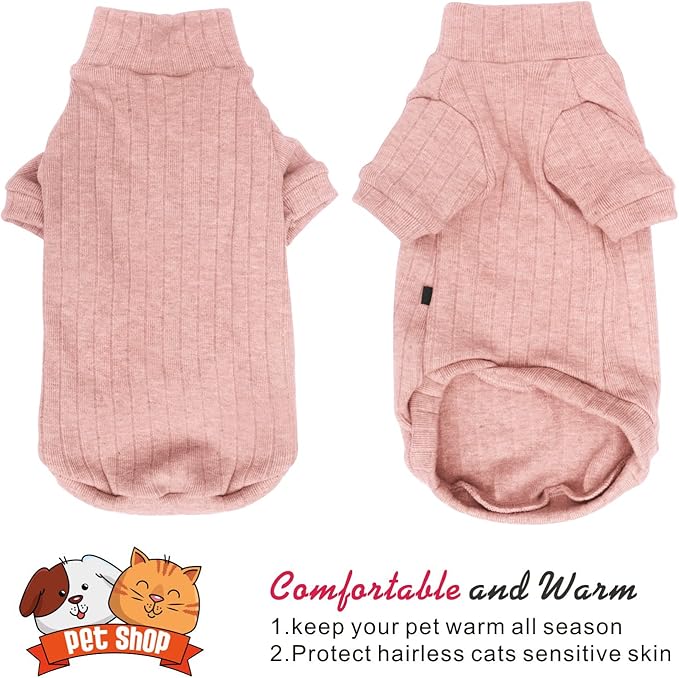 Idepet Sphynx Hairless Cats Sweater Shirt Kitten Soft Puppy Clothes Pullover Cute Cat Pajamas Jumpsuit Cotton Apparel Pet Winter Turtleneck for Cats and Teacup Chihuahua Small Dogs(Pink,L)