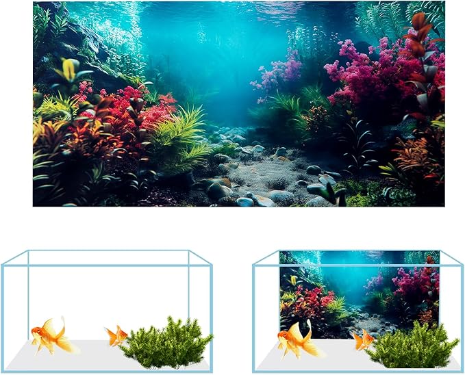 COMSUN 3 Pack Aquarium Background, 48x18 inches Polyester Aquarium Background, Cloth Fish Tank Background, Undersea Corals Sunshines & Rock Aquatic Plants