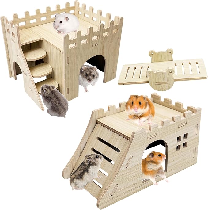 BNOSDM Hamster Hideout Set Gerbil Wooden House with Stairs Wood Hide Hut with Fun Slid Seesaw Dwarf Cage Accessories for Syrian Hamsters Mouse Mice