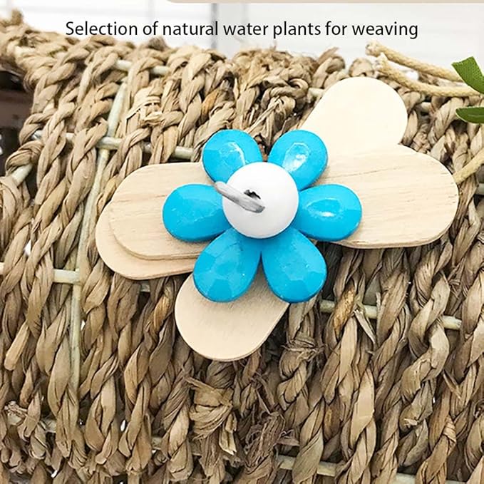 Seagrass Bird House Sea Grass Tent Parrot Tunnel with Holes and Lovely Flower Decor Natural Hanging Hammock Swing Nest Bird Snuggle Hut Toy for Hamster Lovebird Budgie Random Color