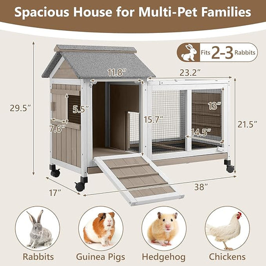 38''L Small Rabbit Hutch Outdoor Indoor with Wheels, Wooden Expandable 2 Story Bunny House Rabbit Cage with Run, Waterproof Roof, Pull Out Tray, Guinea Pig Cage Chicken Coop for Small to Medium Pets