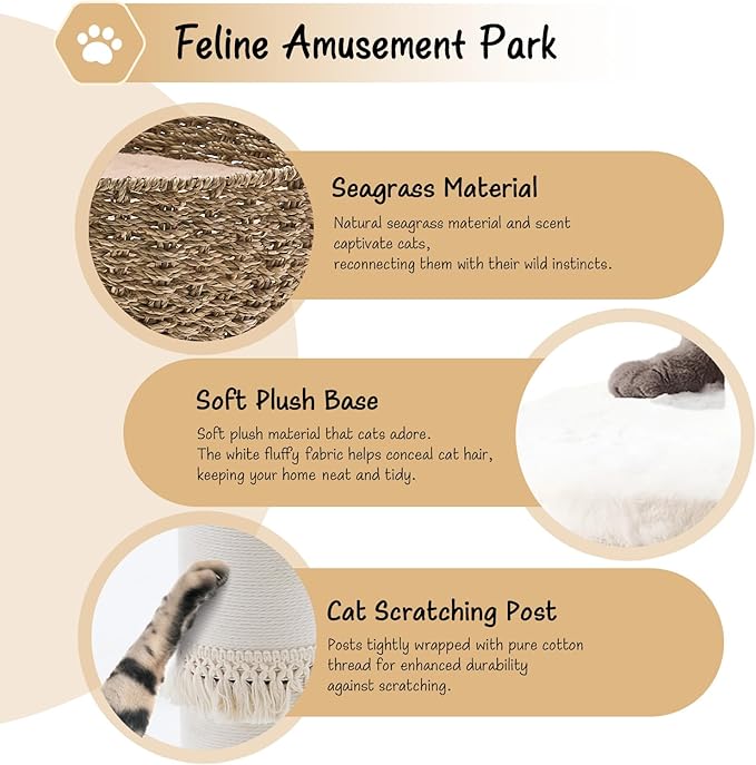 Cat Tree Tower, Natural Material Cat Condo with Handwoven Nest Basket Bed, Cotton Scratching Post, Funny Hanging Toy Ball, 2 Sides Cushion Top Perch, Seagrass