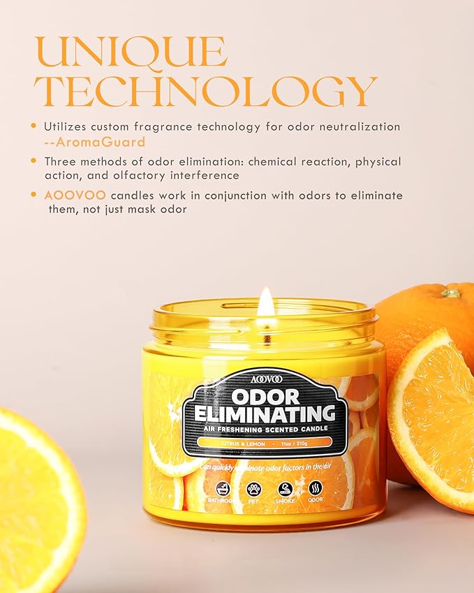 AOOVOO Citrus Lemon 11 oz Large Odor Eliminating Candle - Eliminates 95% of Pet, Smoke, Food, and Other Smells Quickly, Long Lasting Highly Fragranced Air Freshing Soy Candle