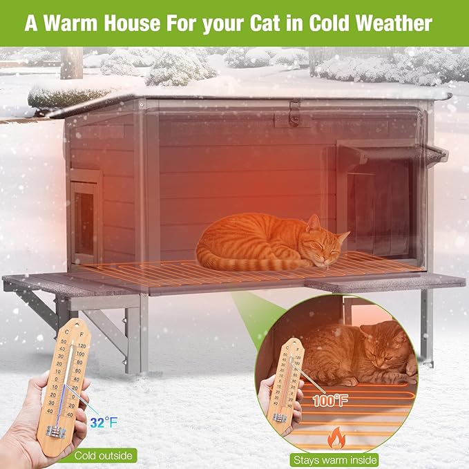 GUTINNEEN Heated Cat House with Heating Pad & 100% Insulated Liner, Weatherproof Outdoor Kitty Shelter for Winter, Warm Shelter for Outdoor Cats and Feral Cats