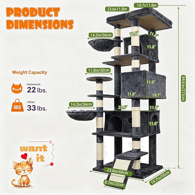84.6" Multi-Level Tall Cat Tree Tower for Indoor Kitties Larger Cat Condo Furniture with Hammock Cozy Perches Sisal Scratching Posts XXL Pet House (84.6 inch Dark Gray)