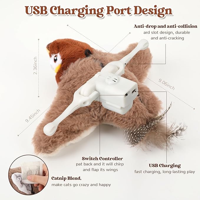 Interactive Chirping&flapping Wings Bird Cat Toy:2025 Electric Flying Cat Toy for Indoor Cats,Realistic Chirping Bird Cat Toy-automatic Flapping Motion,Rechargeable Bird Toys for Cats,Flutters,Not Fly