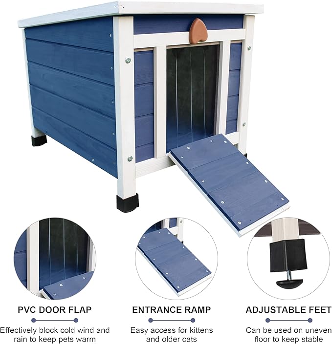Deblue Weatherproof Cat House for Outdoor Cats, Wooden Small Pet House Outside, Feral Cat Shelter with Elevated Floor and Lockable Door - Blue