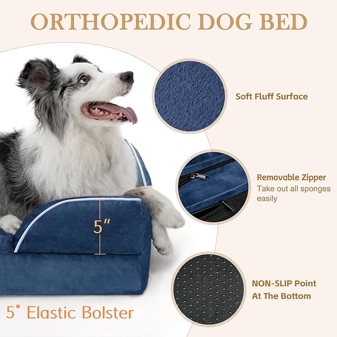 Comfort Expression Large Dog Beds, Waterproof Dog Beds Orthopedic Foam, Dogs Sofa Comfy Pet Beds with Washable Removable Cover & Non-Slip Bottom(Large,Navy Blue)