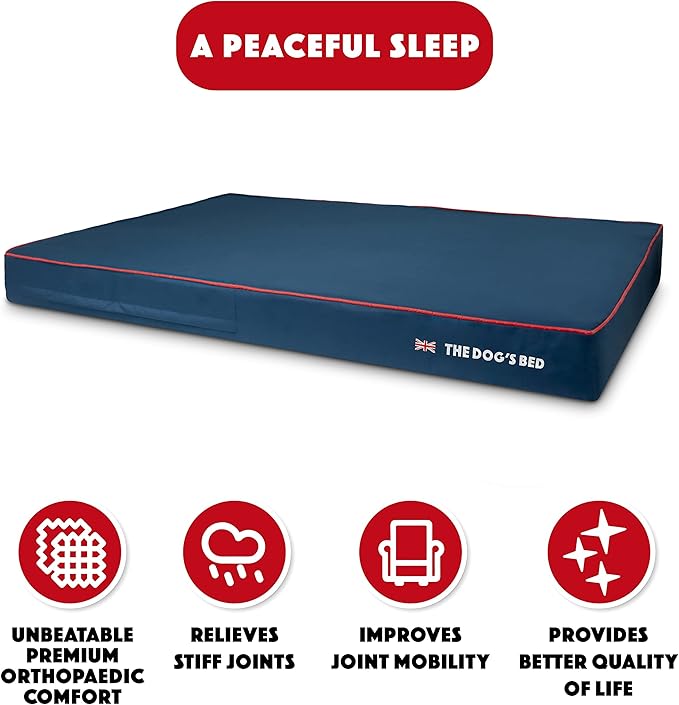 The Dog’s Bed Orthopedic Memory Foam Dog Bed, XXXL Blue Oxford with Red Trim UK Flag, Pain Relief for Arthritis, Hip & Elbow Dysplasia, Post Surgery, Supportive, Calming, Waterproof Washable