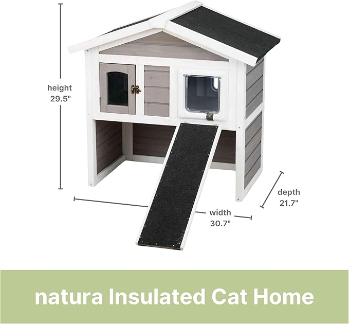 TRIXIE Insulated Outdoor Cat House, Weatherproof 2-Story Cat Home with a Ramp, 2 Covered Openings, Spacious Outdoor Shelter to Rest and Play with, Pewter & White Fir Wood