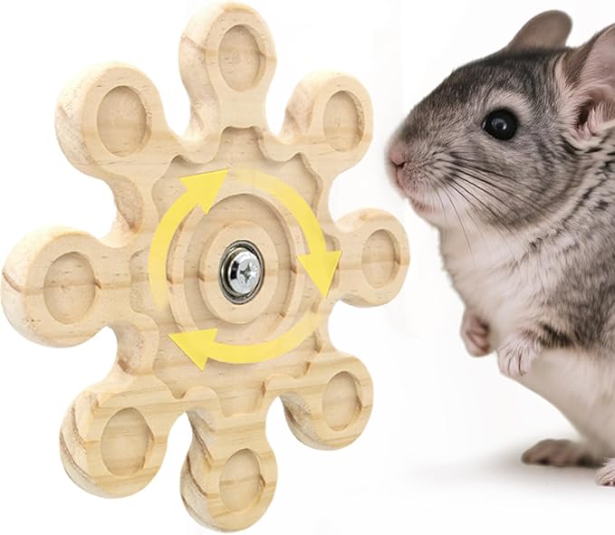 Rotating Natural Wood Chinchilla Chew Toys for Teeth, Interactive Enrichment Toys, Hanging Exercise Chinchilla Toys for Cage for Playtime, Spinner Cage Accessories Wheel (1pc Snow)