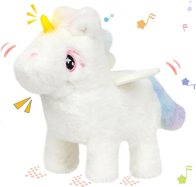 Hopearl Walking Unicorn with Glowing Horn Interactive Electronic Pet Plush Unicorn Toy with Sounds and Movements Animated Gift for Toddlers Birthday, White, 7''