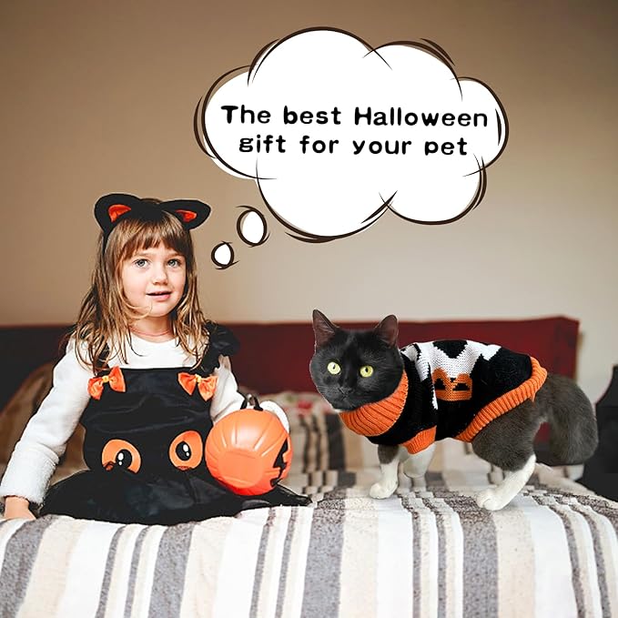 2Pcs Halloween Dog Sweaters Kitten Cat Knitwear Puppy Cat Halloween Pumpkin Ghost Sweater Pet Halloween Sweater Clothes Outfit Costume for Kittens Cats Puppies Small Medium Dogs XS