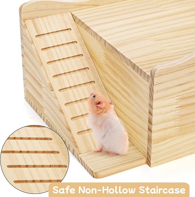 Wood Hamster House, Guinea Pigs Hideout Castle with Stairs and Window, Small Animals Bed Hut Habitats, Ideal for Chinchillas Dwarf Mice Gerbils Playing Hiding, No Installation Required