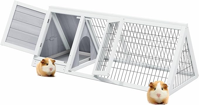 Small Animal Cages Indoor Outdoor Wooden Pet House Large A-Frame Guinea Pig House Poultry Hutch with 3 Doors for Chicken Duck Bunny Hedgehog Gerbil (Grey)