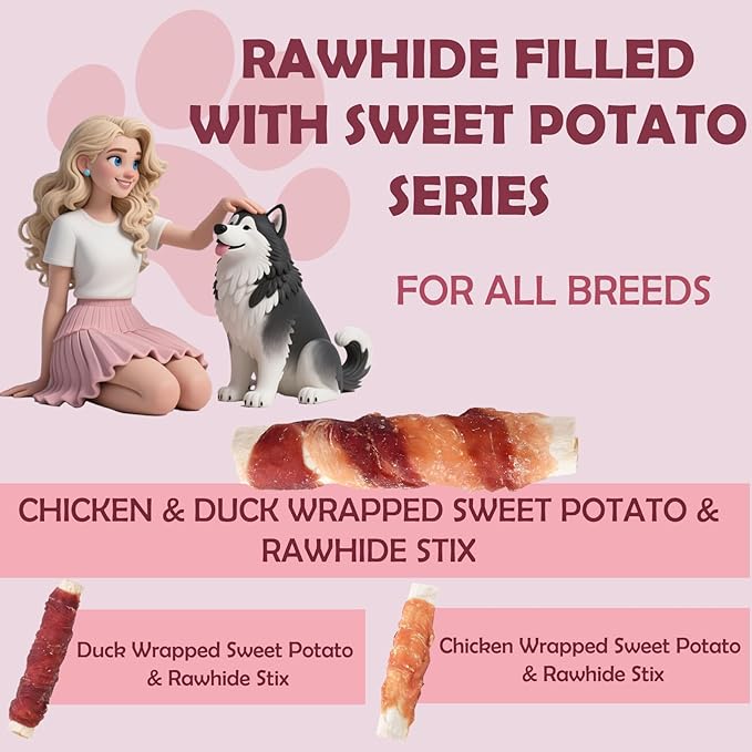 ASMPET Dog Treats, Chicken & Duck Wrapped Rawhide Sticks Filled with Sweet Potato for Small Medium Large Dogs