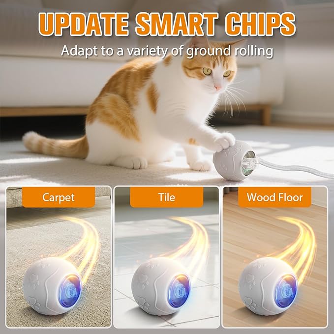 Interactive Cat Toys for Indoor,Automatic Moving Electric Rolling Pet Ball,Smart Teasing Toy for Kitty,3 Modes and USB Rechargeable,Tail 2.0 Cat Feather Toy Gray