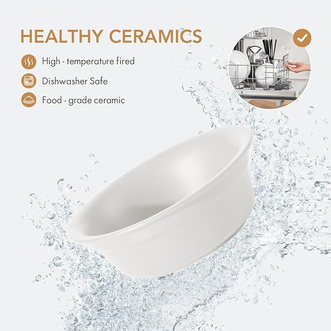 Ceramic 6.3inch Set of 2 Dog Bowls, 2pcs Basic Food and Water Dishes for Small and Medium Dogs, Wide Opening Rounded Edge (2 Bowls, Matt White)