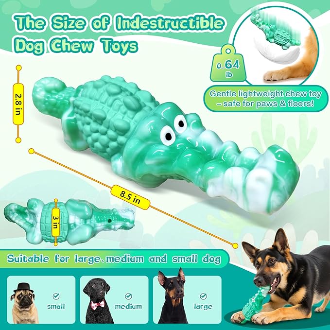 Dog Chew Toys for Aggressive Chewers - Indestructible Squeaky Crocodile Dog Toy for Small/Medium/Large Breeds, Best Tough Chew Toys for Teeth Cleaning and Anxiety Reduction, Boredom or Stress Relief