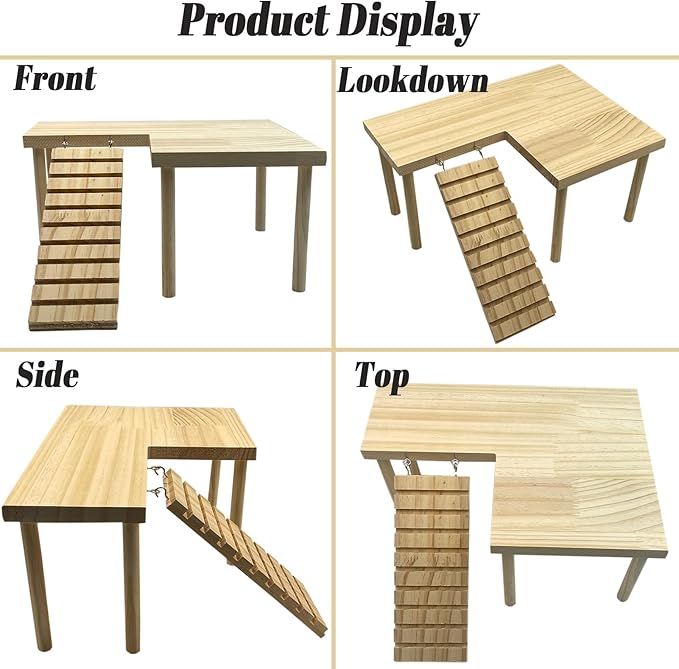 Wooden Hamster Platform with Legs, Small Syrian Hamsters Climbing Platforms with Ramp Kit Wood Ladder Bridge Rat Playing Toy Standing Table Gerbil Cage Accessories