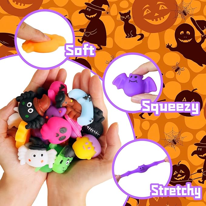 24Pcs Halloween Mochi Squishy Toys Stress Relief Squishies for Kids Girls Boys Halloween Party Favors Halloween Treat Bags Gifts