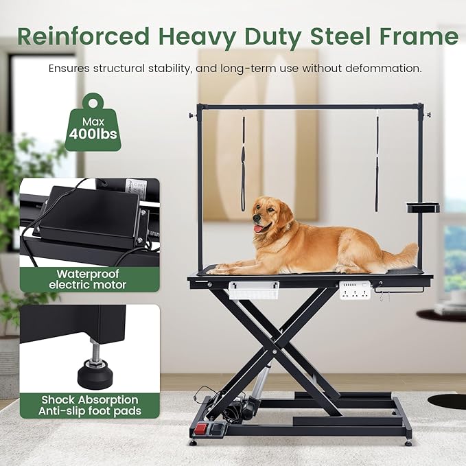 Electric Lift Pet Dog Grooming Table, 50Inch Height Adjustable Grooming Table for Large Dogs with Two Nooses, Wireless Remote, Tool Organizer, Black