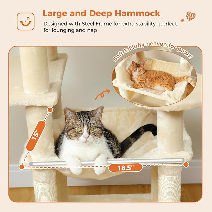 64.5-inch Tall Cat Tree for Indoor Cats, Plush Multi-Level Cat Tower with 7 Scratching Posts, 2 Top Perches, 2 Cozy Condos, Large Metal Frame Hammock & Pompoms, Sturdy Cat Playhouse,Beige