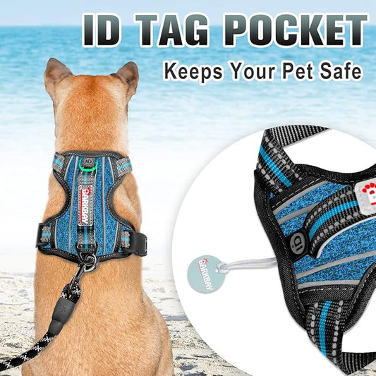 BARKBAY No Pull Dog Harness Large Reflective Dog Harness with Front Clip and Easy Control Handle for Walking Training Running with ID tag Pocket(Blue/Black,XL)