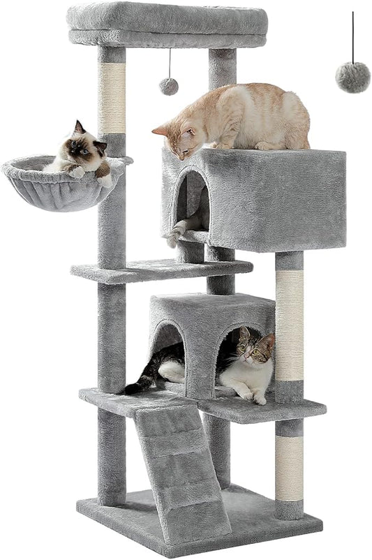 Cat Tree for Large Cats Adult with Super Large Top Perch, 56.3'' Cat Tower with Plush Hammock, Cat Shelves and Dangling Pompom, Cat Scratching Posts and 2 Condos Houses, Grey (AMT0111GY-A)