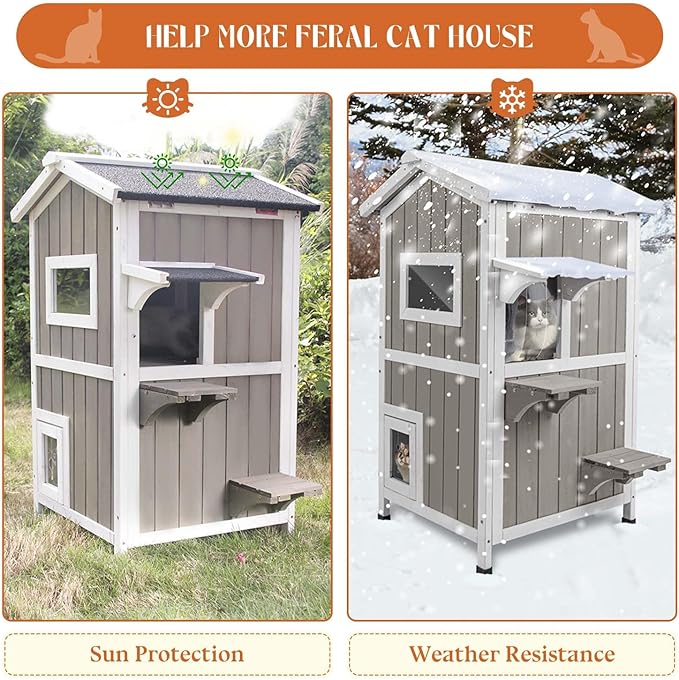 Outdoor Cat House Weatherproof Cats Shelter for Feral Kitten Pet Houses for 1-2 Small Animlas 2 Story Wooden Houses for Indoor Outdoor Cats with Escape Doors (23.5" L x 27" W x 38" H Grey)