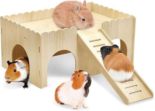 BNOSDM Large Wooden Guinea Pig Hideout with Ramp & Loft 2 Tier Detachable Cavy Castle 4 Door Upgraded Small Animal House Habitat Dwarf Rabbit Climbing Toy Accessories for Cage