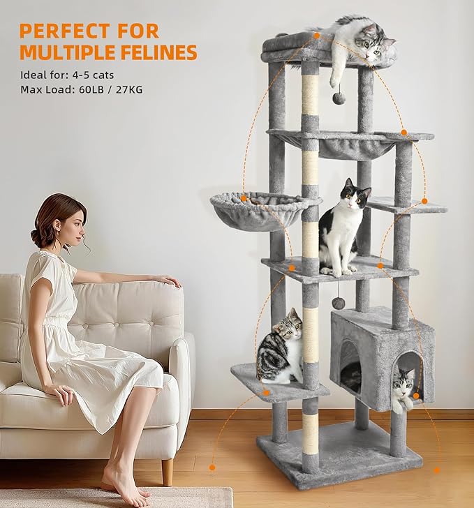 Made4Pets Tall Cat Tree, 71 Inches Cat Tree Tower for Indoor Cats Large Adult, Plush Multi-Level Cat Tower with 5 Scratching Posts, 2 Hammock, Condo and Perch, Big Cat House Indoor, Grey