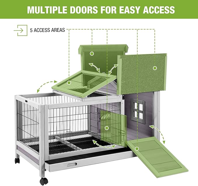 GUTINNEEN Rabbit Hutch Indoor Bunny Cage Outdoor Wooden Guinea Pig Cage Bunny House with Removable Metal Wire Floor, Lockable Caster Wheels, Leakproof Plastic Tray for 1-2 Rabbits, Small Animals