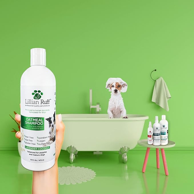 Lillian Ruff PRO Formula Deodorizing Oatmeal Dog Shampoo - Calms Itching & Allergies, Ultra-Nourishing Dry Skin Relief - Oatmeal, Aloe, Coconut Oil, Lavender & Provitamin B5 - Made in USA 16oz+Brush
