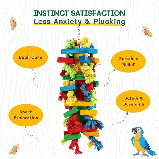 Bird Toys for Large Parrots - Macaw, African Grey, Cockatoo, Beak Exercise Chewing Toy with Colorful Wood Blocks & Ropes, Boredom Relief