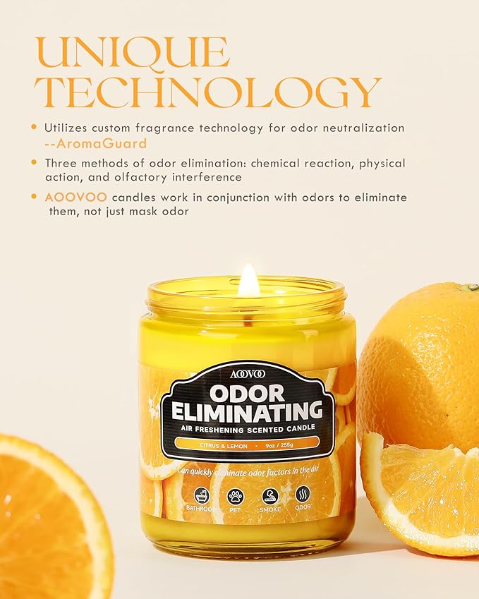 AOOVOO 4 Pack Citrus Lemon/Fantasy Ocean Odor Eliminating Highly Fragranced Candle - Eliminates 95% of Pet, Smoke, Food, and Other Smells Quickly, Air Freshing Soy Candle
