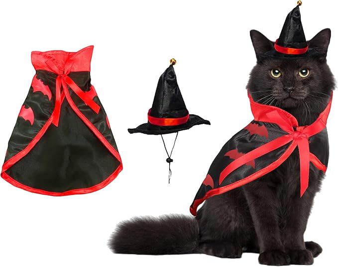Halloween Cat Costume Cloak Witch Hat Accessories, Adjustable Bat Set, Small Cats Dogs and Other Pets Halloween Parties and Pet Cosplay