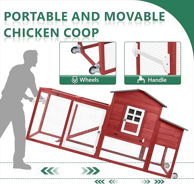 158" L Large Chicken Coop with Run, Chicken House with Nesting Boxes, Wheels, Outdoor Mobile Hen Chicken Coop Poultry Cage with Removable Tray, Ramp (Red)