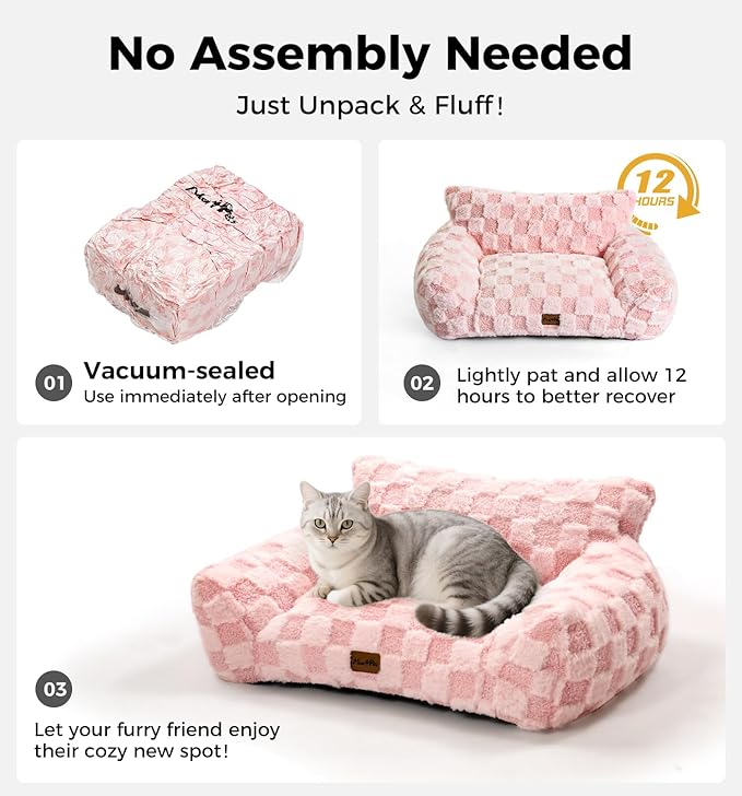 MADE 4 PETS Cat and Dog Indoor Couch Bed, Soft Faux Fur Checkered Pet Sofa, Cozy Fluffy Pet Sofa with Supportive Foam, Removable Washable Cover with Non-Slip Base, Pink, Medium