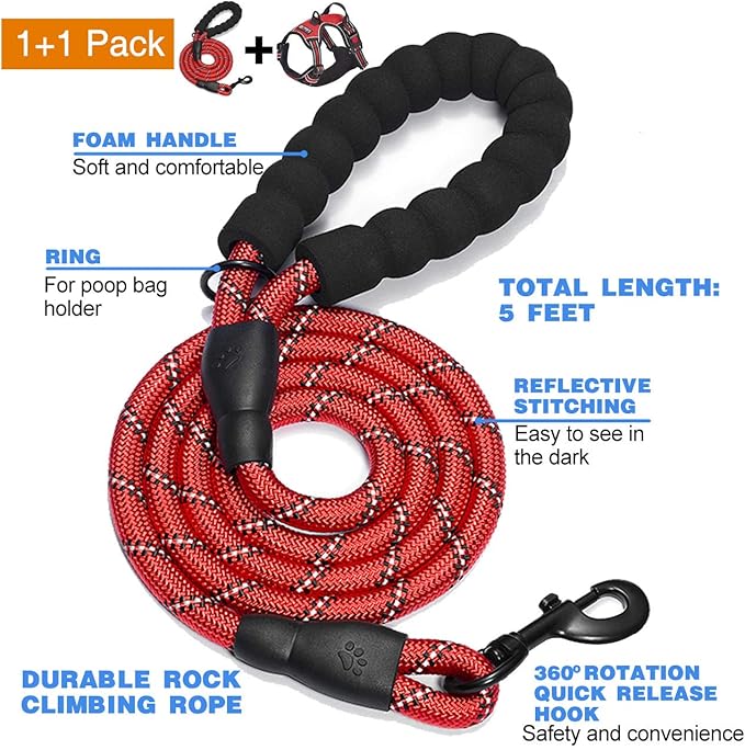 No Pull Dog Harness Adjustable Reflective Oxford Easy Control Medium Large Dog Harness with A Free Heavy Duty 5ft Dog Leash (M (Neck: 14.5"-20.5", Chest: 22"-28"), Red Harness+Leash)