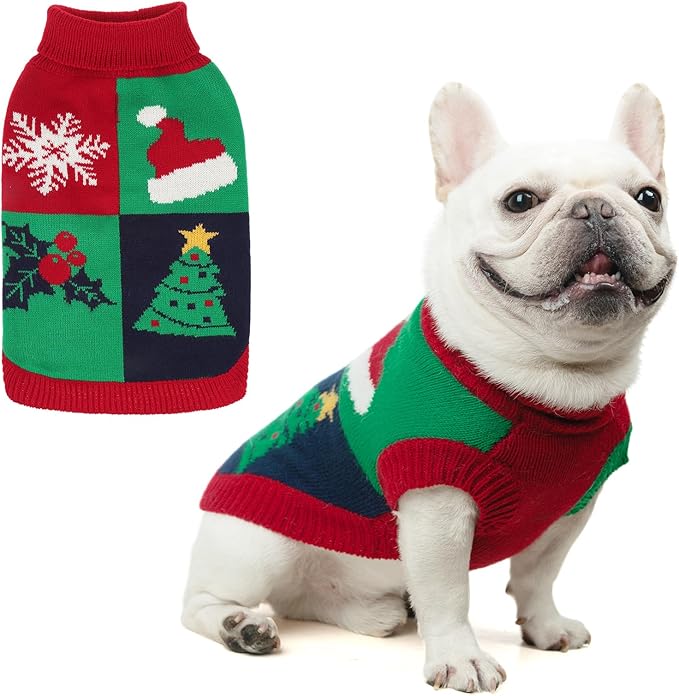 KOOLTAIL Christmas Dog Sweater, Cold Weather Dog Knitted Sweater Turtleneck Pullover, Red Green Color Design Doggie Sweatshirt, Thick Warm Dog Winter Clothes for Small Medium Large Dogs Boys Girls, S