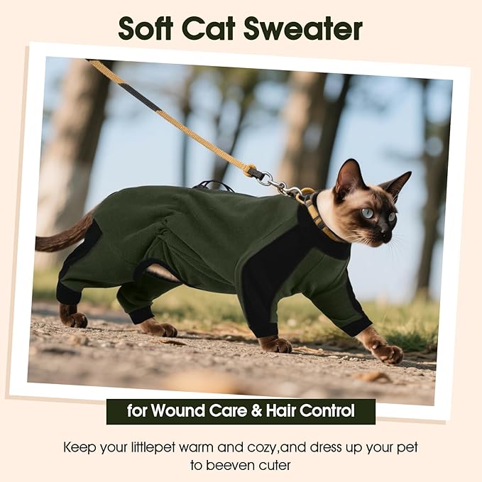 DENTRUN Cat Clothes with Anti-Shedding Fabric - Soft Recovery Suit & Breathable Lint-Resistant Cat Sweater for Wound Care & Hair Control, Kitten Onesie Pajamas, M, Army Green