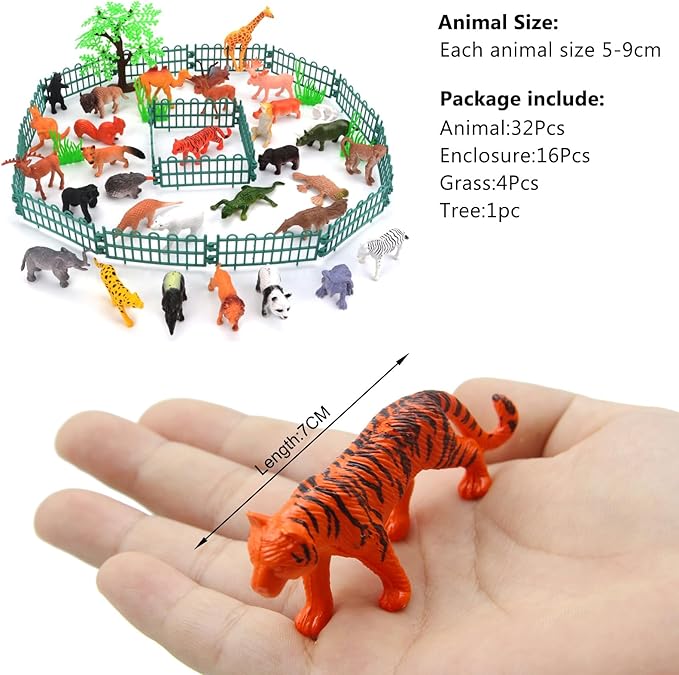 PINOWU Realistic Mini Wild Zoo Animals Figurines Toys 32 Pcs Gift Set for Education and Party Favors, Plastic Forest Safari Animals Lion, Hippo, Tiger, Bear, Elephant, Giraffe etc