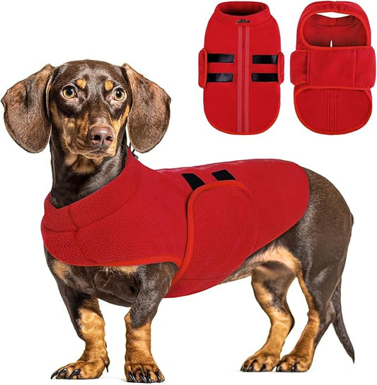 Queenmore XXS Dog Sweaters, Soft Fleece Vest Pullover Dog Jacket with Leash Hole, Warm Winter Dog Clothes Cold Weather Doggy Dachshund Sweater for Small Dogs Cats Boy or Girl (Red, XXS)