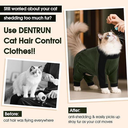 DENTRUN Cat Clothes with Anti-Shedding Fabric - Soft Recovery Suit & Breathable Lint-Resistant Cat Sweater for Wound Care & Hair Control, Kitten Onesie Pajamas, L, Army Green